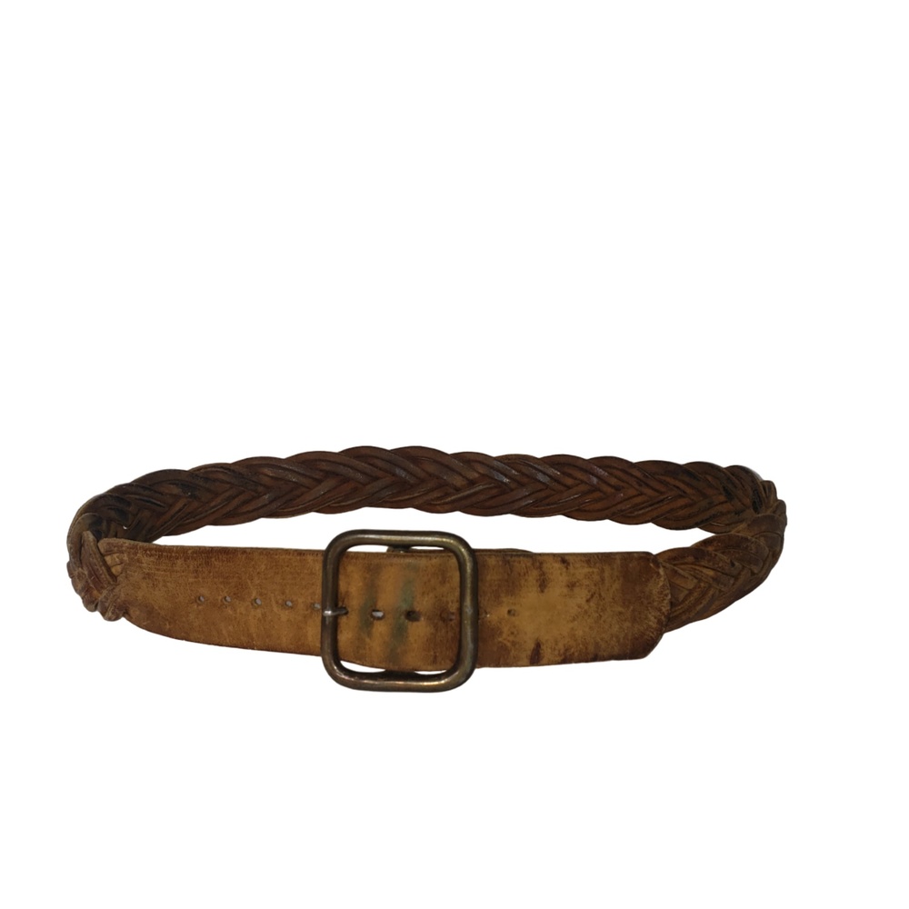 Vintage Tan Braided Leather Belt Brass Buckle